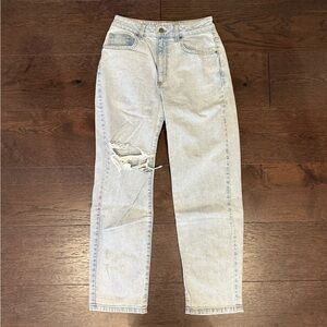 Light Blue Distressed High-Rise Straight Leg Jeans